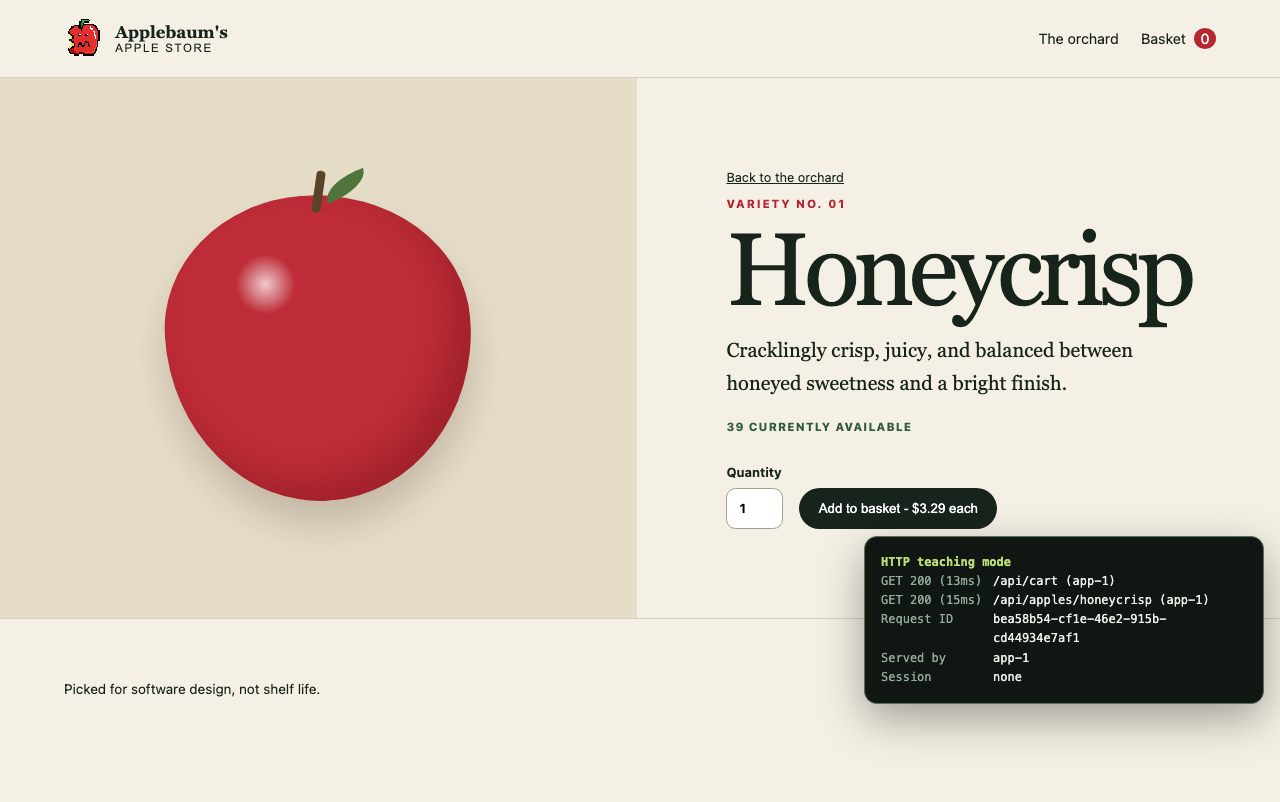 Honeycrisp product page with quantity controls and the HTTP teaching panel